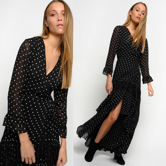 PINKO Georgette Polka Dot Wrap Long Maxi Dress Ruffled Lace Panel Black & White - Picture 4 of 16
